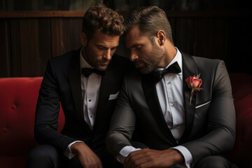 Sticker - Two grooms sharing a quiet moment before their wedding ceremony. Generative Ai.