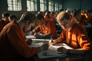 Poster - a prison classroom where inmates study various subjects, working toward their educational goals. con