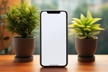 Poster - a smartphone with a blank screen placed on a clean, minimalist desk, symbolizing an opportunity for 