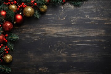 Christmas background with fir tree and decoration on a wooden board. free space