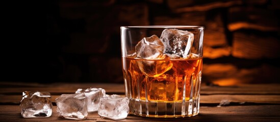 Wall Mural - A beverage containing 2 ounces of scotch or bourbon poured over ice cubes commonly known as on the rocks is a shot of amber spirits with an ice cube resting on a wooden countertop alongside 