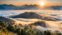 Beautiful Landscape Of Mountain Layer In Morning Sun Ray And Winter Fog 