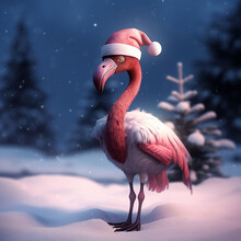 Flamingo In Winter Holiday, Festive Scene. 