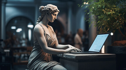 Ancient sculpture working with laptop