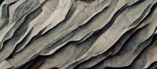 Minimal grey cracked slate stone close up texture, weather erosion chipped shale rock sheets, wavy layered formation geology pattern. 