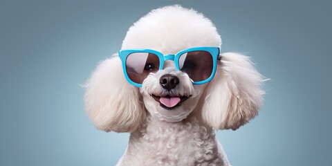 Wall Mural - White poodle dog breed wear sunglasses smile and happiness. Generative ai