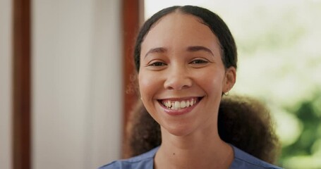 Poster - Nurse, smile and face of a woman in a healthcare, wellness and medical caregiver in clinic. Happy, doctor and female person ready for working in a hospital or retirement home with portrait and job