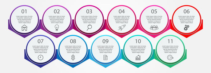 Aufkleber - Business Infographic Design Template. minimal Timeline design with 11 steps, 
options and marketing icons. Vector linear infographic with eleven circle connected elements. 
Can be used for your presen