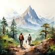 AI generated illustration of a watercolor of hikers walking along a trail in front of the mountains