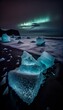 AI generated illustration of illuminated icebergs in the cold ocean water with the Northern light