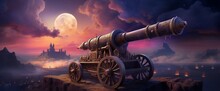Ramadan Concept - Ramadan Kareem Cannon With Crescent - Night Sky With Moon In The Clouds At Sunset