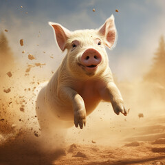 Image of a happy pig running. Farm animals.