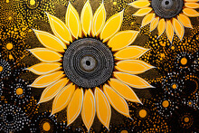 A Pointillism Painting Of Two Yellow Sunflowers On A Black Background