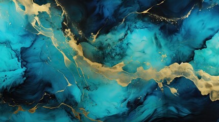 Poster - Abstract fluid art light blue and gold marble texture on black background