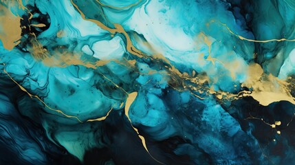 Poster - Abstract fluid art light blue and gold marble texture on black background