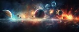 Fototapeta Kosmos - Sun, planets of the solar system and planet Earth, galaxies, stars, comet, asteroid, meteorite, nebula. Space panorama of the universe.