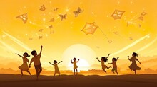 Children Flying Kite In Yellowish Silhouette Mandala In Background For Template