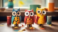 Cute Handmade Owls Made From Paper And Paint On Desk.