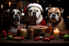 Three Friendly Bulldog Dogs, One White And The Other Two White With Coffee, With A Red Christmas Hat, Christmas Eve, With Croquettes And Christmas Sweets, For Christmas, In The Background Some Candles