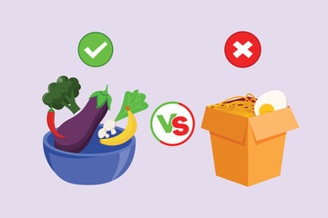 Healthy vs unhealthy food. food nutrition concept. Colored flat vector illustration isolated.