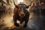 Fototapeta Uliczki - Encierro, or bull run, with runners and bulls racing through the narrow streets of Pamplona, Generative AI