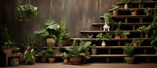 Sticker - The stairs made of natural wood are adorned with an abundance of lush plants