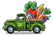 Retro truck loaded with fresh vegetables. Farm organic food. Vector illustration