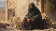 A painting of a woman sitting on a pile of rubble wearing a black abaya robe