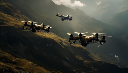 two drones flying over a valley in the mountains