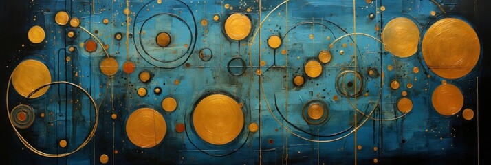 vintage black gold circles on brown background image, in the style of dark turquoise and dark blue, generative AI