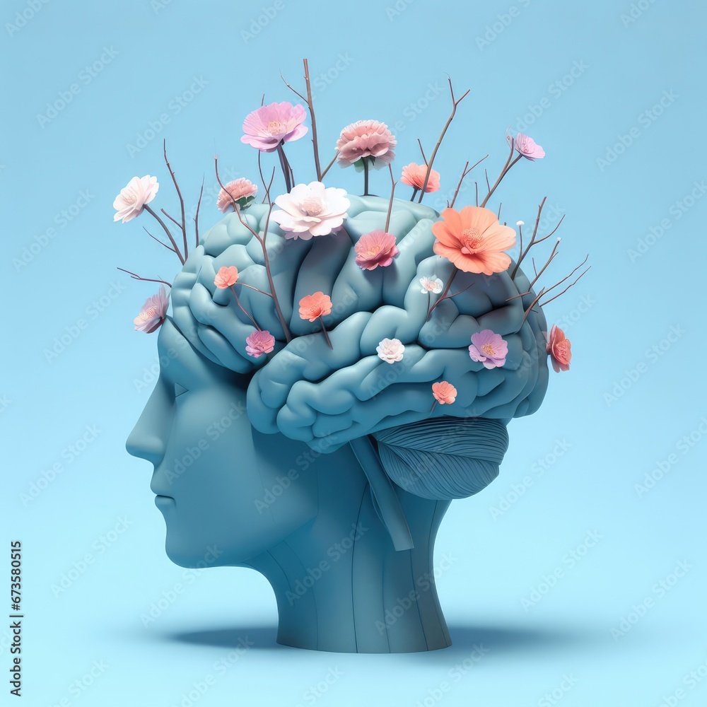 A surreal image of a brain with flowers and branches growing out of it ...