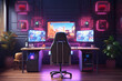 Gamer, programmer room with multiple computer monitors on desk