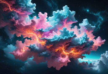 Wall Mural - A dreamy and surreal image of neon fractals that form cloud-like shapes, creating a sense of floating or drifting in space.