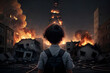kid war survivor who lost everything. war explosion. destroyed city. ai generated