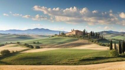 Wall Mural - a peaceful landscape, serene rural landscape with lush green fields, sky and peaceful sunlight
