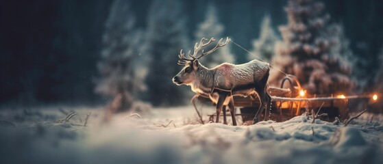 Wall Mural - reindeers and sleigh in snow land 