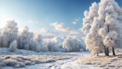 Wall Mural - a snow covered field with trees and bushes
