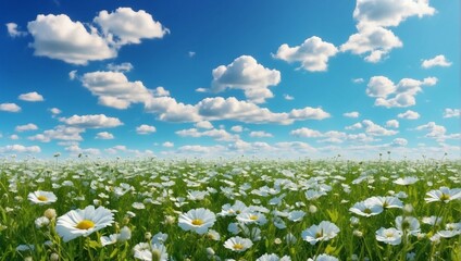 Wall Mural - Vibrant Wildflowers Blossoming in a Colorful Meadow Under a Blue Sky
