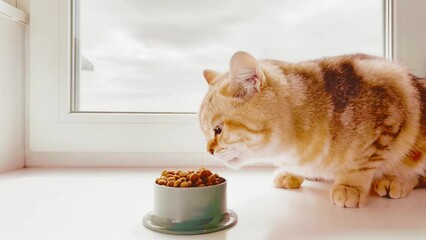 Wall Mural - red ginger striped cat eating from bowl on window sill