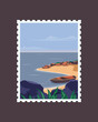 Vector illustration of a postage stamp. Landscape post stamps with boat in river. Vector designs for using on envelopes, mail and post office concept.