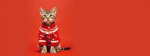 cat and dog wearing santa christmas sweater and knitted hat