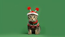 Cat And Dog Wearing Santa Christmas Sweater And Knitted Hat