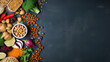 Healthy food background. Vegetables, fruits and legumes on dark background. Banner.