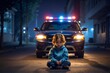 Sad child sitting alone at night in front of police car