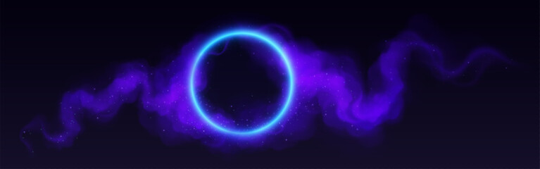 Poster - bright neon circle with colorful cloud or steam. realistic vector illustration of luminous led ring 