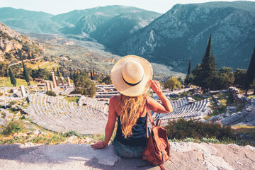 ancient city of delphi, ruins of the temple of apollo, theatre and tourist people- travel, tour tour