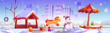 Winter Playground For Children In City Park. Vector Cartoon Illustration Of Snowy Public Garden With Snowman, Rocking Horse, Wooden Hut, Sandbox Under Parasol, Toys On Ground, Cityscape On Horizon