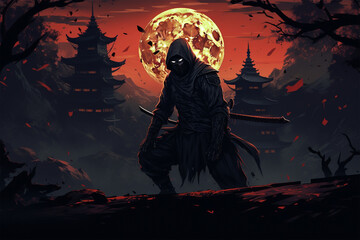 Wall Mural - Japanese fantasy illustration with a ninja background
