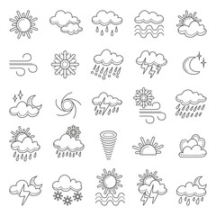 Wall Mural - weather doodle icons, clouds and snow, sun and tornado. isolated line meteorology symbols, various s