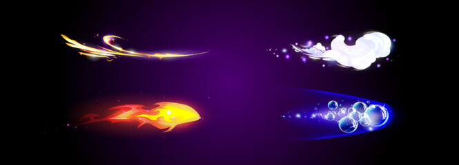 Wall Mural - game vfx missile light trail or magic arrow motion effect. cartoon vector set of fantastic shooting 